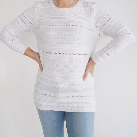 Banana Republic White Cotton Blend Long Sleeve Tiered Scoop Neck Sweater L - Picture 2 of 10